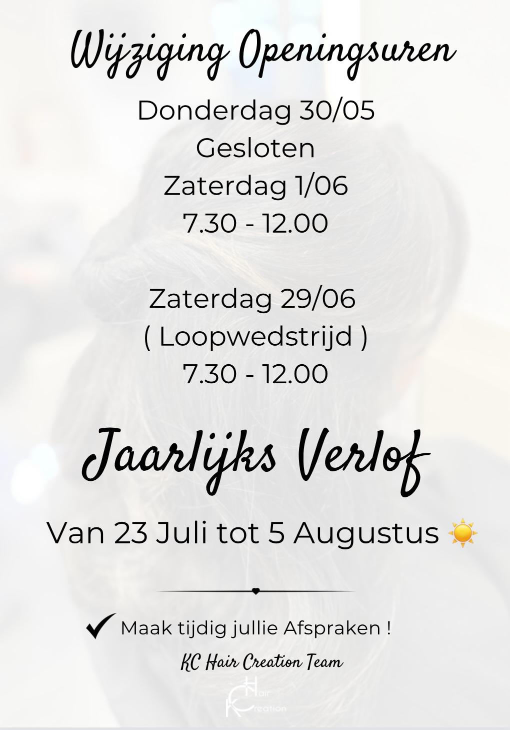 Wijziging Openingsuren & Jaarlijks Verlof